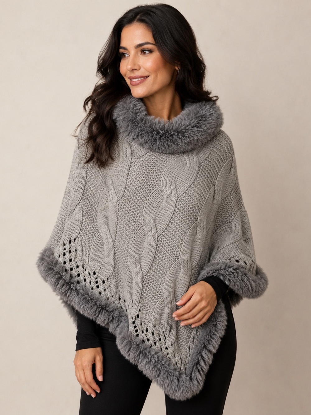 LeModa Poncho NWT Knit Gray Cable with Faux Fur Trim One Size